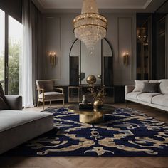 a living room filled with furniture and a chandelier hanging from the ceiling over a blue rug