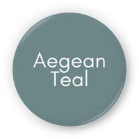 a button with the words aegean teal in white on it's front side