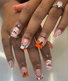 Halloween Birthday Nail Designs, Short Coffin Nails Halloween, Short French Halloween Nails, Halloween French Nail Designs, Holloween Nails Acrylic Short, Halloween French Nails, Halloween Nails Coffin, Nail Stylist, Nail Art Halloween