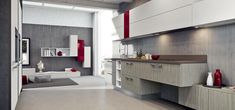 a modern kitchen with white and red accents