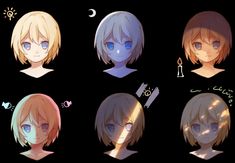 six anime avatars with blue eyes and blonde hair, all in different positions on black background