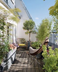 an outdoor deck with potted plants and chairs