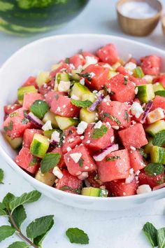 Watermelon Feta Salad with Mint Cucumber Mint Salad, Watermelon Feta Salad Recipes, Shredded Chicken Burrito, Picnic Side Dishes, Feta Salad Recipe, Slow Cooker Shredded Chicken, Watermelon Feta Salad, Mint Salad