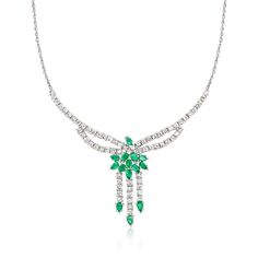 Ross-Simons - C. 1990 Vintage 4.65ct t. w. Diamond, 2.25ct t. w. Emerald Necklace. 16.5". C. 1990. Take your most elegant evening ensembles to glamorous heights with this magnificent Estate collection necklace, featuring the beautiful glow of 4.65 ct. t. w. round brilliant-cut diamonds in a dramatic drop design. For a lush burst of color, 2.25 ct. t. w. pear-shaped emeralds sparkle in a central cluster and at the ends of three fabulous fringe details. Finely crafted in polished 14kt white gold. Graduates from 1/8" to 1 5/8" wide. Stationed on a herringbone chain. Springring clasp, emerald and diamond necklace. Exclusive, one-of-a-kind Estate Jewelry. Emerald birthstones are the perfect gift for May birthdays. Diamond Emerald Necklace, Emerald And Diamond Necklace, Jewelry Emerald, Emerald Birthstone, May Birthday, Herringbone Chain, Drop Design, Emerald Necklace, Drops Design