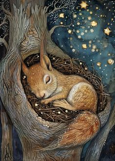 a painting of a squirrel sleeping in a nest