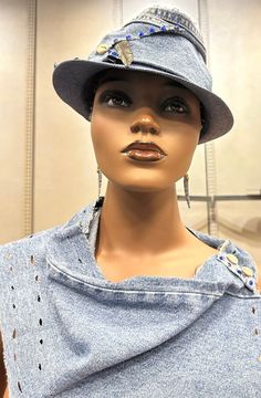 A cool way to wake up denim. This is a short brim blue denim fedora hat . Its is adorned with exotic feathers and rhinestones for a twist . This is a great Christmas gift for a creative person .   Now you add the denim collar and you are ready to go . Please visit evelyncreationinc @etsy.com for more styles . Don't delay order yours today. Cheap Adjustable Denim Blue Hats, Short Brim Hat, Denim Collar, Creative Person, Hat And Scarf, Denim Hat, Denim Short, Brim Hat, Fedora Hat