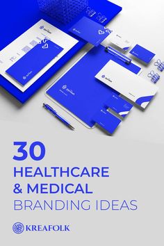 blue and white business stationery with the text 30 healthcare & medical branding ideas