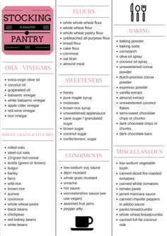 the stocking pantry list is shown in black and white, with pink lettering on it