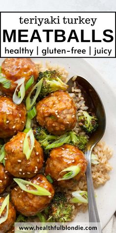 meatballs with broccoli and rice on a white plate