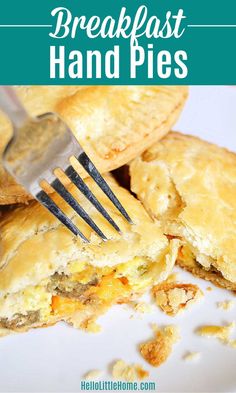 there is a fork that is on top of some bread pies with the words, breakfast hand pies