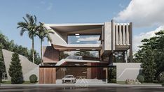 an artist's rendering of a modern house with palm trees in the front yard