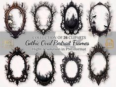 the collection of gothic oval portrait frames is shown in various styles and sizes, including black