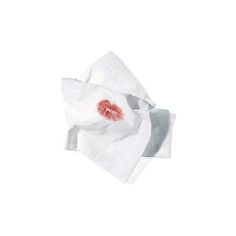 a white bag with a red lipstick imprint on the side and a piece of tissue paper underneath it