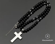 Cross Necklace Natural Matte Black Onyx & Black Onyx Beaded Necklace Grief Crystal Gemstone Strong Clasp Necklace Depression Necklace -ALL THE PRODUCTS AT ELISAJEWELRYART ARE HANDMADE AND MADE WITH NATURAL BEADS. -WHAT DOES THE ONYX STAND FOR    A powerful protection stone, Black Onyx absorbs and transforms negative energy, and helps to prevent the drain of personal energy. Black Onyx aids the development of emotional and physical strength and stamina, especially when support is needed during ti Stainless Steel Cross Pendant, Physical Strength, Personal Energy, Cardboard Jewelry Boxes, Clasp Necklace, Protection Stones, Onyx Bead, Adjustable Necklace, Natural Beads