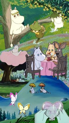 cartoon characters sitting at a table in front of a forest with trees and animals on it