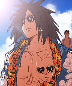 an anime character with long hair and sunglasses standing next to another character in the sky