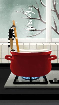 a man standing on top of a stove next to a red pot