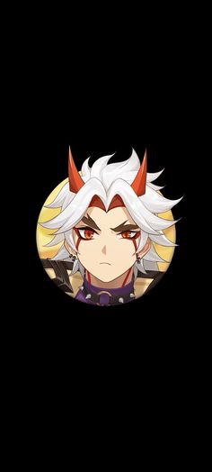 an anime character with white hair and horns on his head, looking at the camera