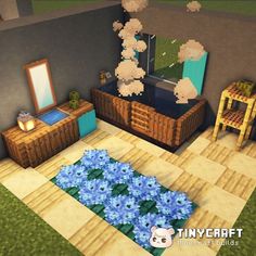 a living room filled with furniture and blue flowers on the floor in front of a mirror