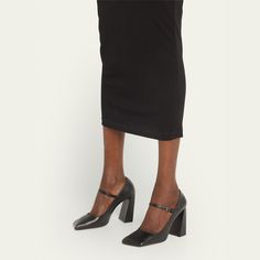 Amina Muaddi "Charlotte" sleek leather pumps 3.75 in / 95 mm block heel Square toe Mary Jane buckle strap Leather outsole Made in Italy Square Toe Mary Jane, Amina Muaddi, Mary Jane Pumps, Leather Mary Janes, Leather Pumps, Mary Janes, Block Heels, Leather Straps, Tops Designs