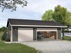 a two car garage with the door open