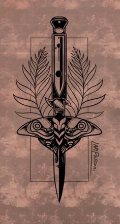 a drawing of a knife and some leaves on a brown background with an abstract design