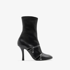 Leather Peep Boots in Black - Women | Burberry® Official Luxury Faux Leather Ankle Boots, Faux Leather Ankle Boots With Rubber Heel Cap, Ankle Boots With Rubber Heel Cap In Faux Leather, Modern Evening Boots With Leather Lining, Modern Leather-lined Boots For Evening, Calf Leather Ankle Boots With Contrasting Heel, Calf Leather Ankle Boots With Contrasting Heel Counter, Black Calf Leather High Heel Boots, Calf Leather Ankle Boot With Contrasting Heel Counter