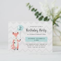 a baby shower card with a fox holding a balloon