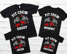 two matching shirts with the words pit crew and a racing car