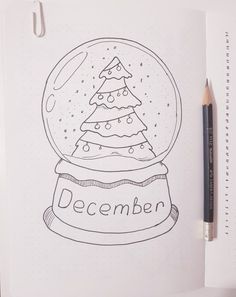 a drawing of a snow globe with a christmas tree in it and the words december written inside