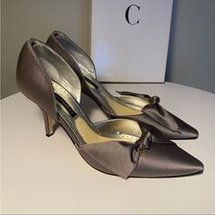 New With Box. Beautiful, Upscale Shoes! Slate (Gray) Satin. Bundle & Save Satin Heels, Slate Gray, Shoes Women Heels, Shoes Heels, Size 10, Satin, Women Shoes, Heels, Grey