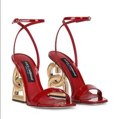 Fits True To Size. Open Toe. Buckled Ankle Strap. Dg Crossover Logo Heel In Metal-Tone Carbon. 4.25" Sculptural Heel. Patent Leather Upper, Leather Lining And Sole. Made In Italy. Color: Red Luxury Red Sandals For Gala, Elegant Red Patent Leather Sandals, Luxury Red Heels With Ankle Strap, Luxury Heels, Wedding Dress Shoes, Red High, Dolce E Gabbana, Carrie Bradshaw, Moda Vintage