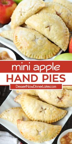 mini apple hand pies on white plates with apples in the background and text overlay