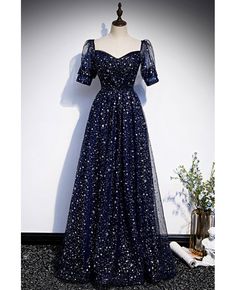 Get 10% off now! Buy dark navy bling stars modest prom dress with sleeves at cheap price online. Free stable shipping and pro custom service since 2009. Blue Starry Dress, Sweet Heart Neckline Dress, Night Sky Dress, Heart Neckline Dress, Starry Dress, Bridgerton Dresses, Short Sleeve Prom Dresses, Starry Night Dress, Sweet Heart Neckline