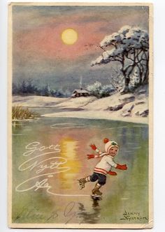 an old fashioned christmas card with a boy skating on the lake at sunset or dawn