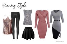 four different styles of dresses and leggings with the words evening style on them