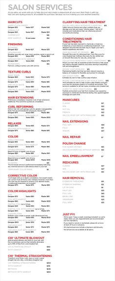 the menu for salon services is shown in red