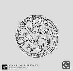 a black and white drawing of a game of thrones dragon in the middle of a circle