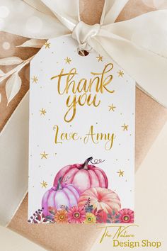 a thank you card with pumpkins and stars on the tag that says,'thank you love & anny '