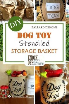 dog toy stenciled storage basket is shown with the words, diy and other things