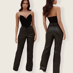 Length: Approx 117cm Inside Seam Length Of Trousers: Approx 86cm Materials: Pu (55% Pu, 45% Polyester) Stretch Satin (97% Polyester, 3% Elastane) High-waisted Pants With Belt Loops For Date Night, Fitted High Waist Wide Leg Pants For Date Night, Sleek Fitted Leather Pants With Belt Loops, Party Straight Pants With Belt Loops, Straight Party Pants With Belt Loops, Party Bottoms With Belt Loops, Wide Leg Pants With Belt Loops For Night Out, Fitted Full-length Leather Pants With Belt Loops, Trendy Trousers With Belt Loops For Night Out