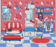 a cartoon bedroom with hello kitty furniture and accessories