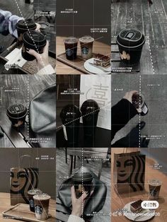 a collage of photos showing different things in the same place, including coffee cups and saucers