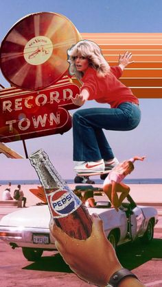 a person holding a beer bottle in front of a record town sign and cars on the beach