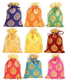 PRICES MAY VARY. Give a Gift to the Environment : Feel good about gifting by wrapping presents in reusable fabric gift bags from Touchstone Each bag measures 4.5"x3.5" Inches. Drawstring closure. Contains 9 Gift bags in 9 different gorgeous jewel like colours with a woven classic ficus leaf print in festive gold. Makes the gift look really Royal and special. Saves so much time while wrapping. Perfect for odd shaped gifts and collections of small items. Great for a birthdays, wedding, return pres Large Drawstring Bag, Bridal Party Favors, Indian Gifts, Holiday Packing, Wedding Favor Bags, Indian Fabric, Gifts Jewelry, Organza Fabric, Drawstring Bags