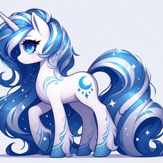 a blue and white pony with stars on it's tail, sitting in front of a