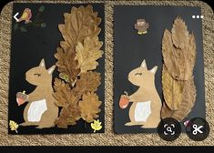 two cards with leaves and animals on them