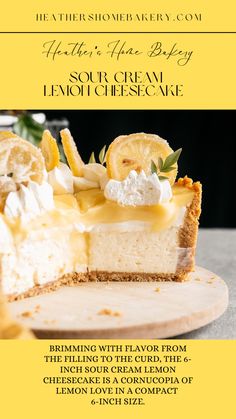 a piece of cheesecake with lemons and whipped cream on top