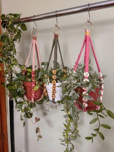 three potted plants hanging from hooks on a wall next to a planter filled with flowers