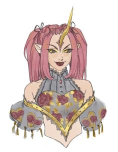 a woman with pink hair and horns holding a heart